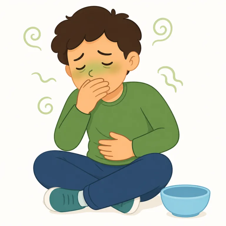nauseated（吐き気がする・形容詞）の覚え方イラスト — nausea（吐き気）を知っていれば、nauseated は「吐き気の状態になった」と自然につながる