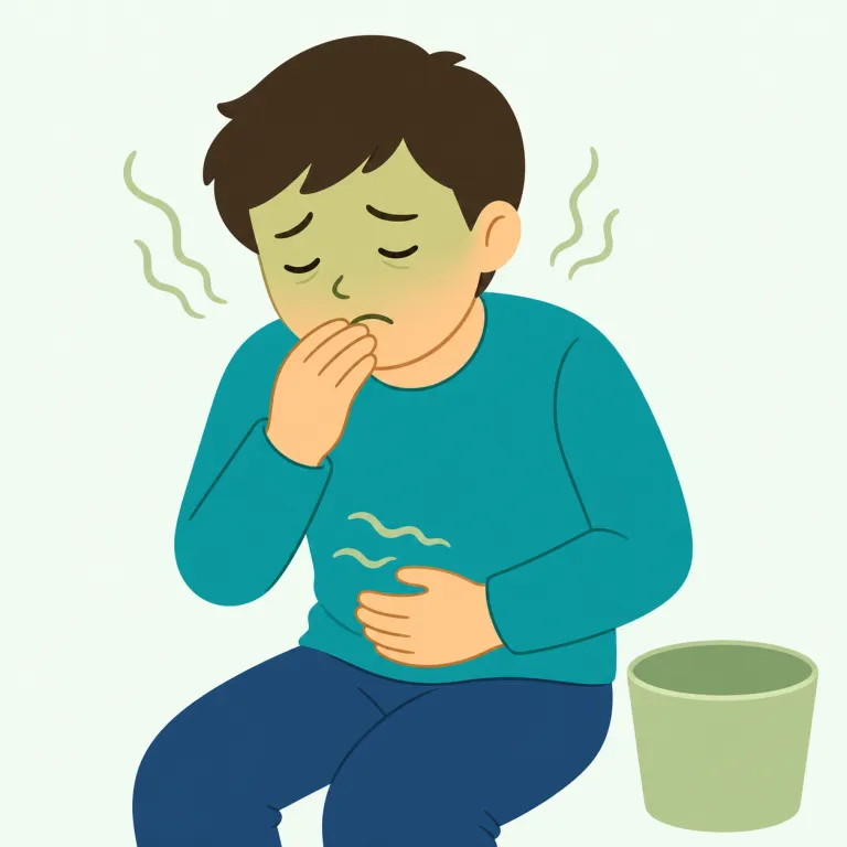 nauseous（吐き気がする・形容詞）の覚え方イラスト — nauseous は nausea「吐き気」に形容詞語尾 -ous が付いた語として覚えます