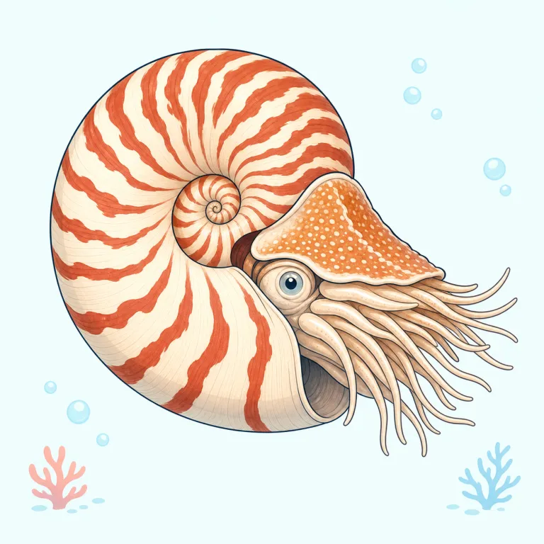 nautilus（オウムガイ・名詞）の覚え方イラスト — `naut-` が `nautical`（海の）や `astronaut` の `-naut` と同じ形だと気づけると、「移動・航行」に関わる語だと引っかけやすい