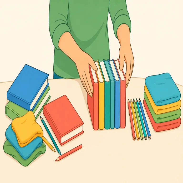 neaten（整頓する・動詞）の覚え方イラスト — neat「きちんとした」＋ -en「〜にする」なので、「きちんとした状態にする」と覚えられます