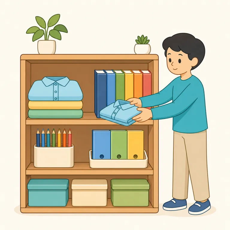 neatly（きちんと・副詞）の覚え方イラスト — neatly は neat「整った」に -ly が付いた副詞で、動作や仕上がりが乱れず「きちんと」して見える感覚で覚えます