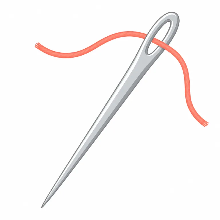 needle（針・名詞）の覚え方イラスト — sew（縫う）、thread（糸）と一緒に覚えると定着しやすい語です