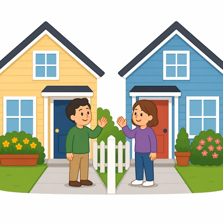neighbor（隣人・名詞）の覚え方イラスト — このエントリでは、neighbor を広い「近所の人」ではなく、より近接した相手をやや硬く表す「隣人」として覚えます