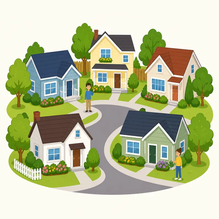 neighborhood（近所・名詞）の覚え方イラスト — この「近所」は、広い「地域・地区」というより、自分の家や職場のまわりの生活圏を指す用法として覚えると区別しやすいです