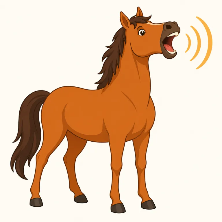 neighing（いななき・名詞）の覚え方イラスト — まず動詞 neigh「馬がいななく」を核に置き、-ing が付いて「その鳴くこと・鳴き声」になった形だと押さえると覚えやすいです