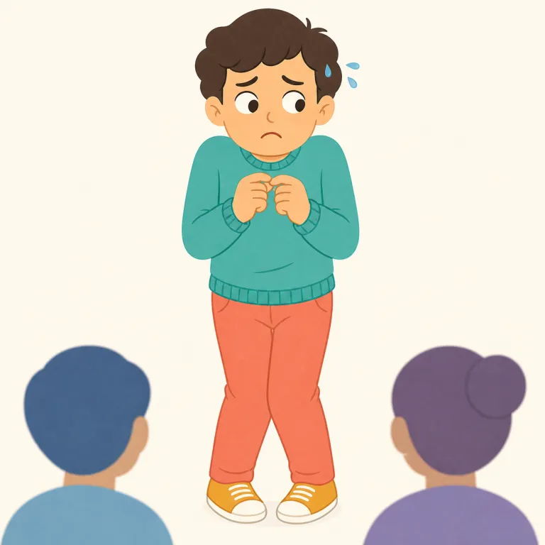nervously（神経質に・副詞）の覚え方イラスト — "nervous"（緊張した・不安な）に副詞の "-ly" が付いて、「不安そうに、そわそわと」という行動のしかたを表すと覚える