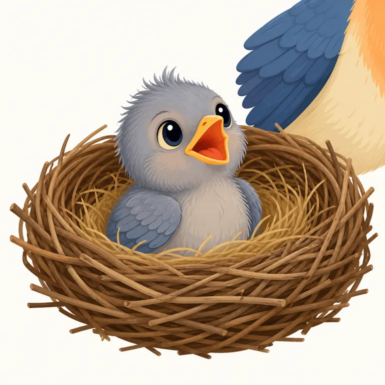 nestling（ひな鳥・名詞）の覚え方イラスト — `nestling` は `nest`（巣）に `-ling`（小さいもの・若いもの）が付いた形です