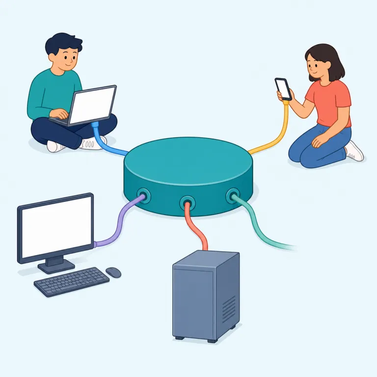 networked（接続された・形容詞）の覚え方イラスト — net「網」＋ work「仕組み」で network、その過去分詞 networked は「網のようにつながれた状態」です
