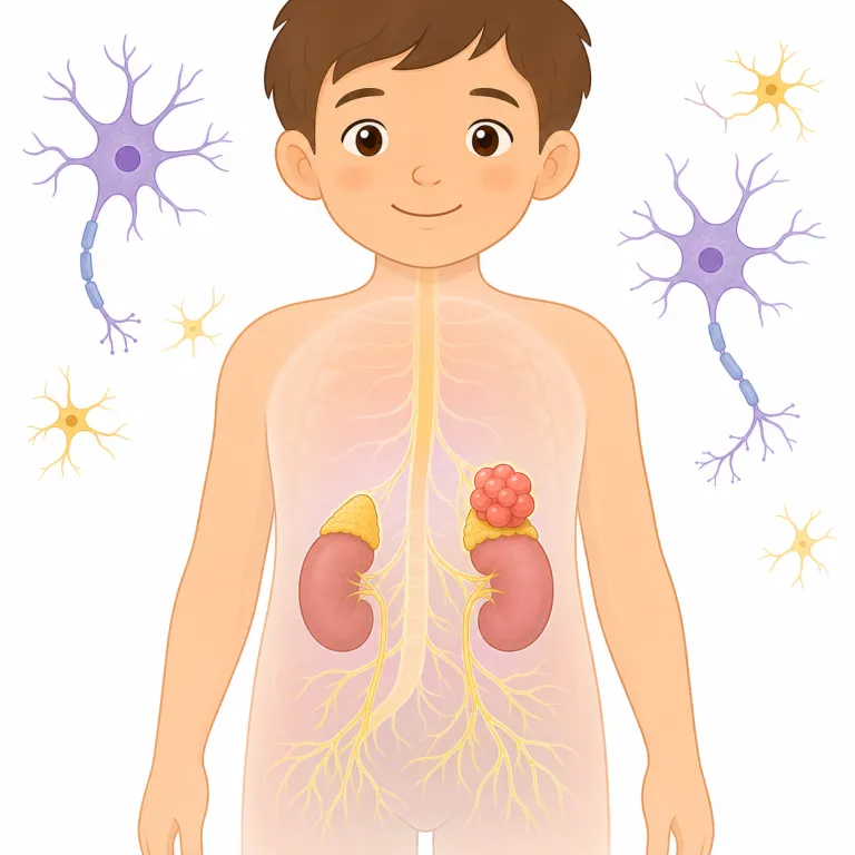 neuroblastoma（神経芽腫・名詞）の覚え方イラスト — neuroblastoma は neuro「神経」+ blast「未熟な細胞」+ -oma「腫瘍」と分けると、未熟な神経細胞から生じる腫瘍だと整理できます