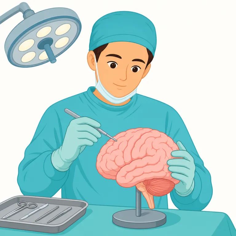 neurosurgeon（脳神経外科医・名詞）の覚え方イラスト — まず surgeon を「外科医」として確実に押さえ、その前に neuro- が付くと「神経・脳神経を扱う外科医」と組み立てると覚えやすいです