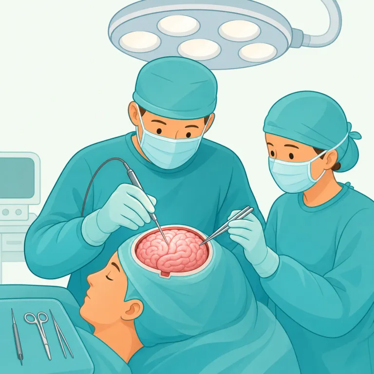 neurosurgery（脳神経外科・名詞）の覚え方イラスト — neuro- は neurology や neuron で見かける『神経』のまとまり、surgery は surgeon・surgical の仲間で『外科・手術』