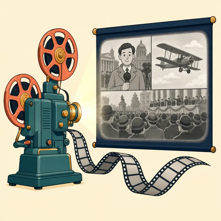 newsreel（ニュース映画・名詞）の覚え方イラスト — news + reel で覚えると定着しやすい語