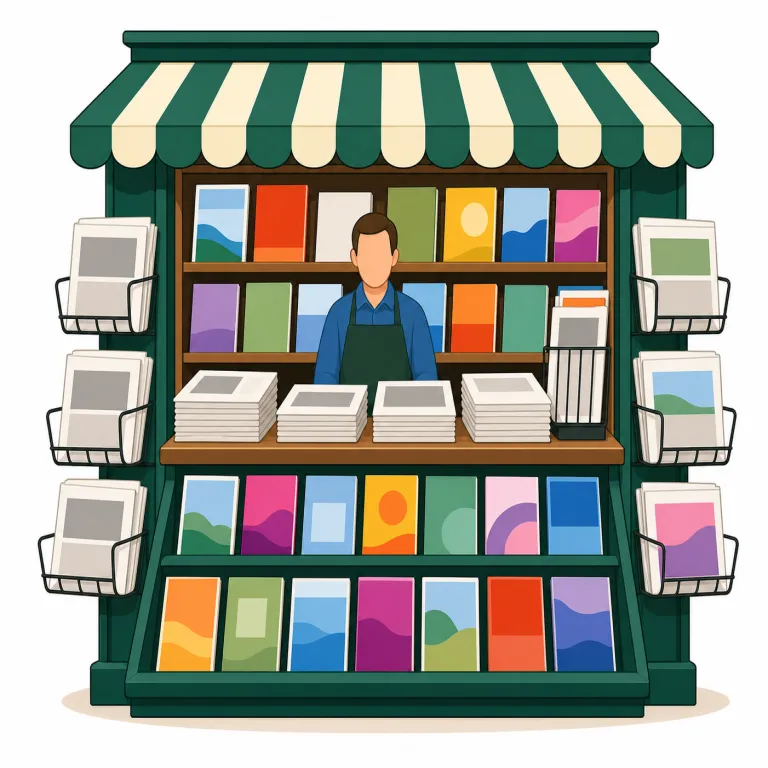 newsstand（売店 / 新聞スタンド・名詞）の覚え方イラスト — `newsstand` は `news + stand` の直球の複合語