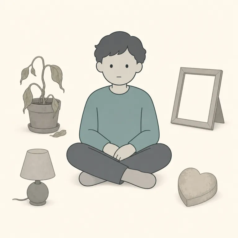 nihilistic（虚無的な・形容詞）の覚え方イラスト — nihilistic は pessimistic や cynical より一段深く、「うまくいかない」「人を信用しない」ではなく「そもそも何にも意味がない」と切ってしまう語