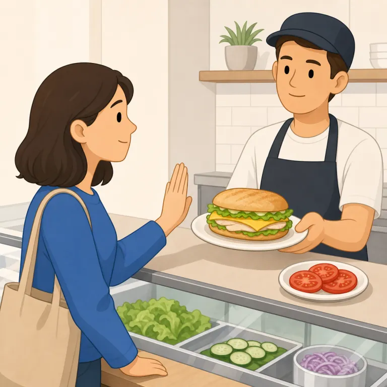 no tomatoes, please（トマト抜きでお願いします・イディオム）の覚え方イラスト — 注文で使う型として覚えるのが近道です
