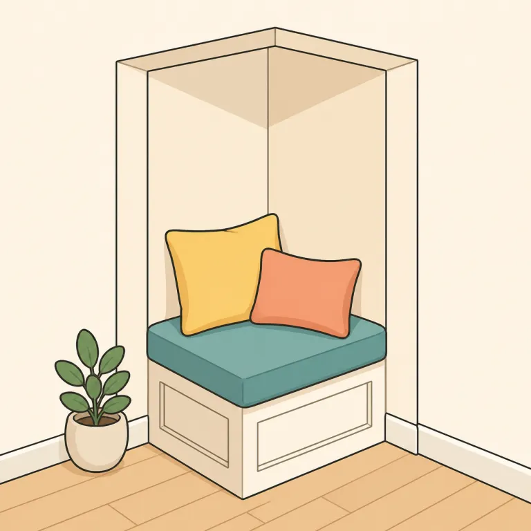 nook（隅・名詞）の覚え方イラスト — nook は単なる corner よりも、「奥まった小さな空間」という温かいイメージを持つ