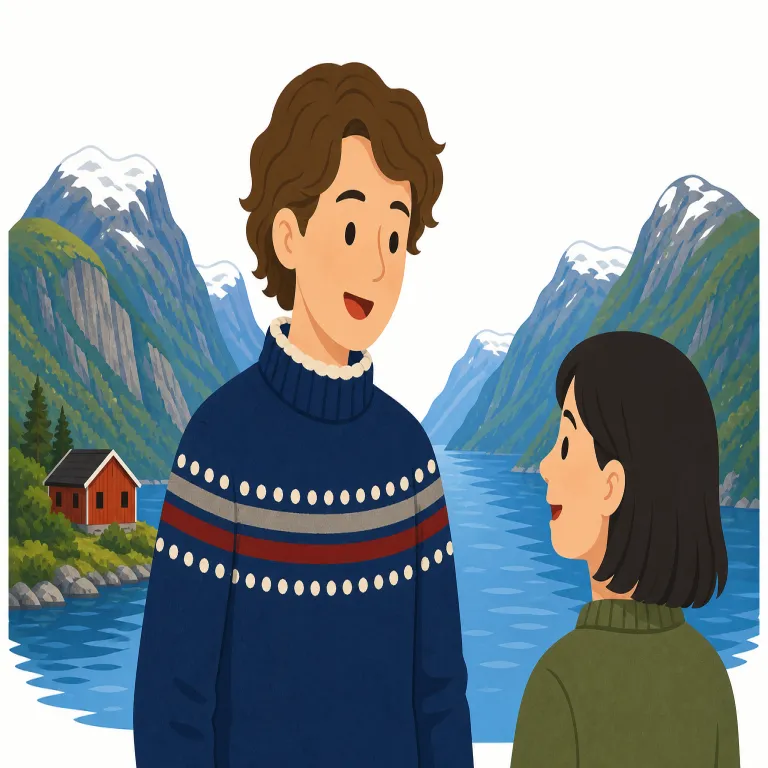 norwegian（ノルウェーの・形容詞）の覚え方イラスト — Norway に -ian が付いた形と考えると、「ノルウェー系の」「ノルウェーらしい」という働きが見えます