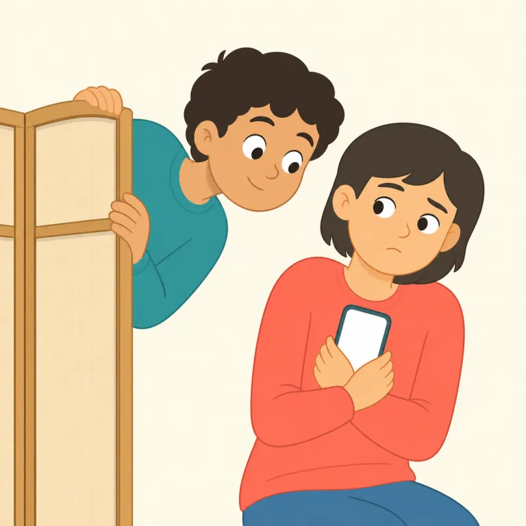 nosy（おせっかいな・形容詞）の覚え方イラスト — nosy は nose（鼻）に -y が付いた形で、他人のことへ「鼻を突っ込む」姿を連想できる
