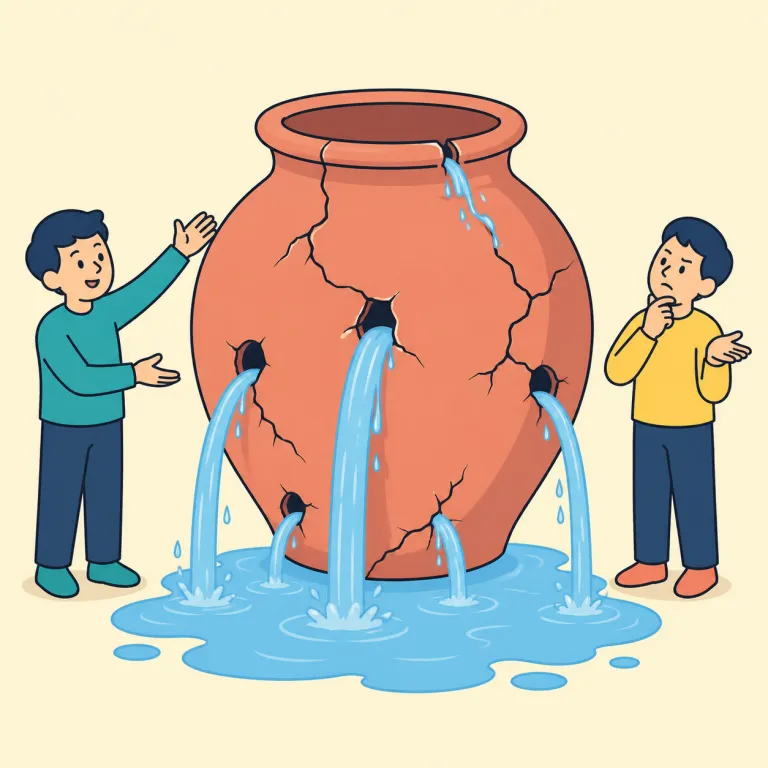 not hold water（筋が通らない・イディオム）の覚え方イラスト — まず hold と water をそのまま「水を保つ」と置くと覚えやすい表現です