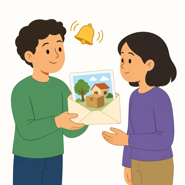notify a of b（AにBを通知する・イディオム）の覚え方イラスト — `notify` は `tell` より硬く、`inform` と近いが、特に通知・届出のような公式場面で出やすい語として覚える