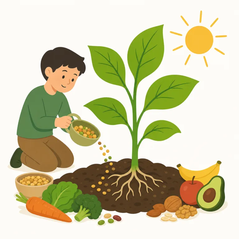 nourish（栄養を与える・動詞）の覚え方イラスト — nutrition「栄養」と同じ語族として、nourish は「栄養で満たして健康にする」と覚える