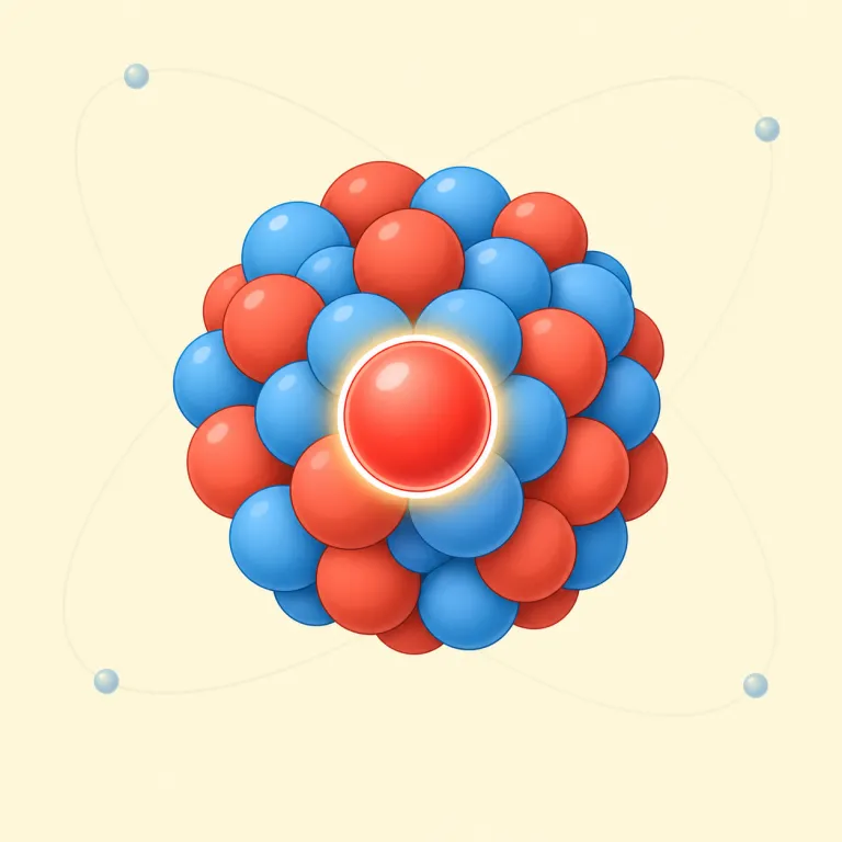 nucleon（核子・名詞）の覚え方イラスト — `nucleus`（核）や `nuclear`（核の）を知っていれば、`nucleon` は「核の中にある粒子」とつなげて覚えると定着しやすいです