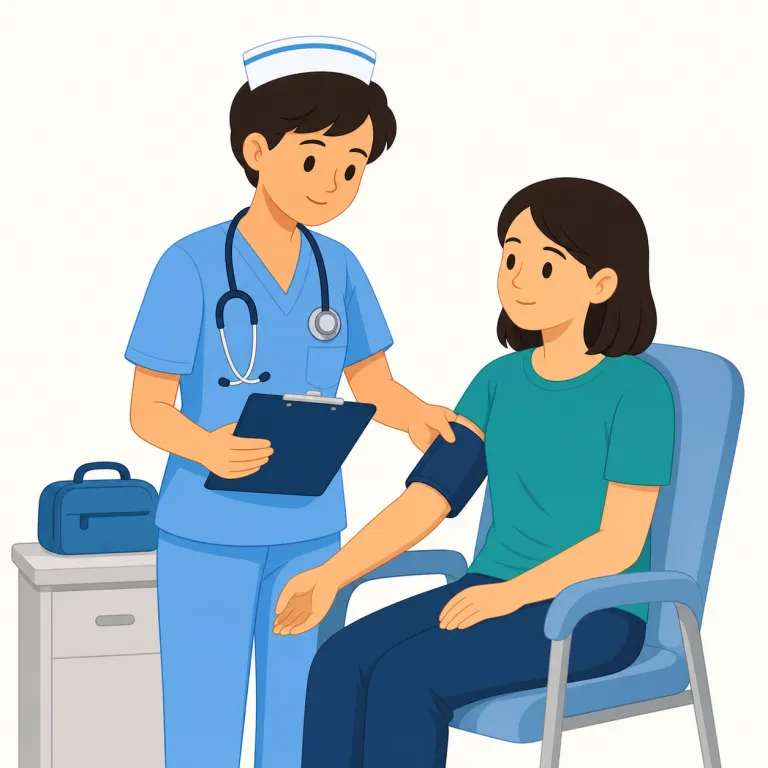 nurse（看護師・名詞）の覚え方イラスト — nurse は人を世話して回復を助ける職業名として、hospital nurse, registered nurse, school nurse のような組み合わせでよく出ます