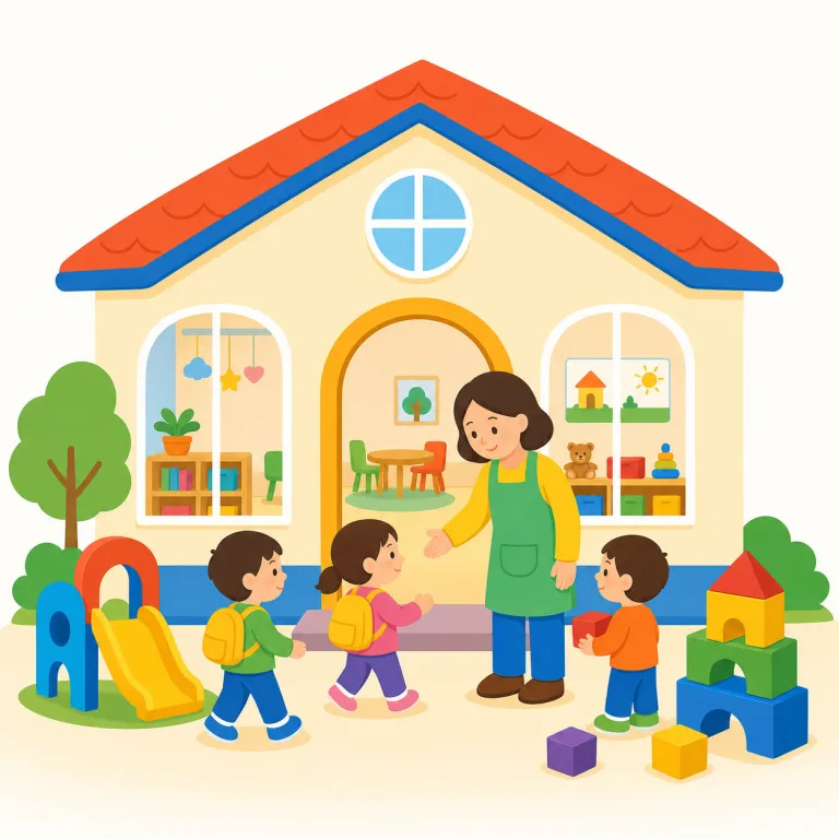 nursery school（幼稚園・名詞）の覚え方イラスト — nursery は nurse や nurture と同じく「世話をして育てる」イメージを持つ語です