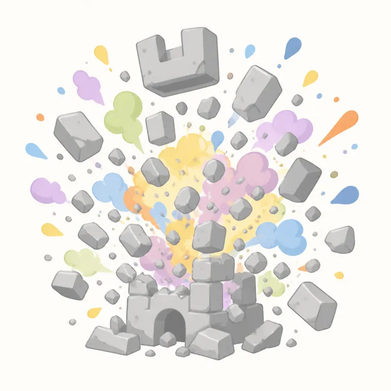 obliterating（消し去る・動詞）の覚え方イラスト — この「消し去る」は、建物などを完全に破壊する基本義とは別に、文字・痕跡・記憶・区別などを見えなくする意味として覚えると整理しやすいです