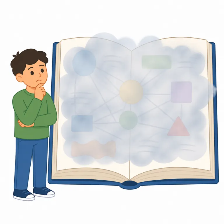 obscure（分かりにくい・形容詞）の覚え方イラスト — 「暗くて輪郭が読めない」感覚を、説明や知識に移した語として覚えると自然です