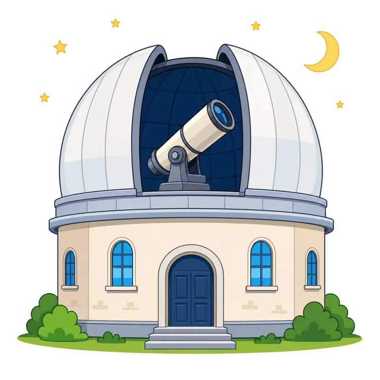 observatory（天文台・名詞）の覚え方イラスト — observatory は observe「観察する」に、場所を表す -ory が付いた語として考えると、「観察するための施設」と覚えられます