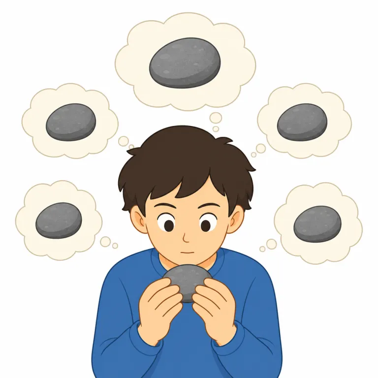 obsess（執着する・動詞）の覚え方イラスト — obsess は、人が一つのことを何度も考え続け、頭から離せなくなる「執着する」を表します