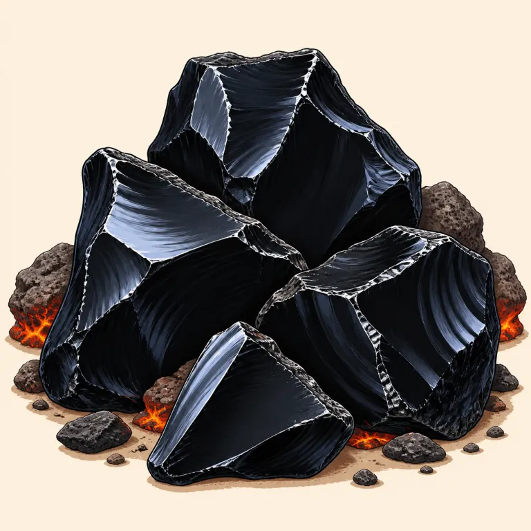 obsidian（黒曜石・名詞）の覚え方イラスト — stone や gem の仲間として覚えるより、「火山由来で、黒く、ガラス質で、縁が鋭い」というセットで固定すると残りやすい語