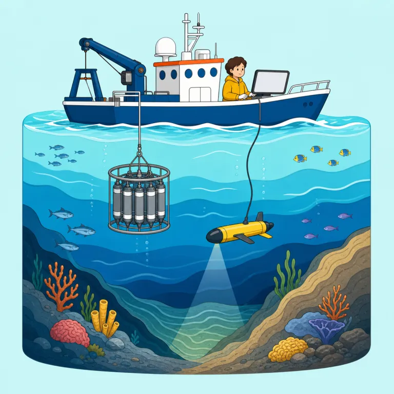 oceanographic（海洋学の、海洋学に関する・形容詞）の覚え方イラスト — まず ocean が見えるので「海」に関係する語だと押さえる