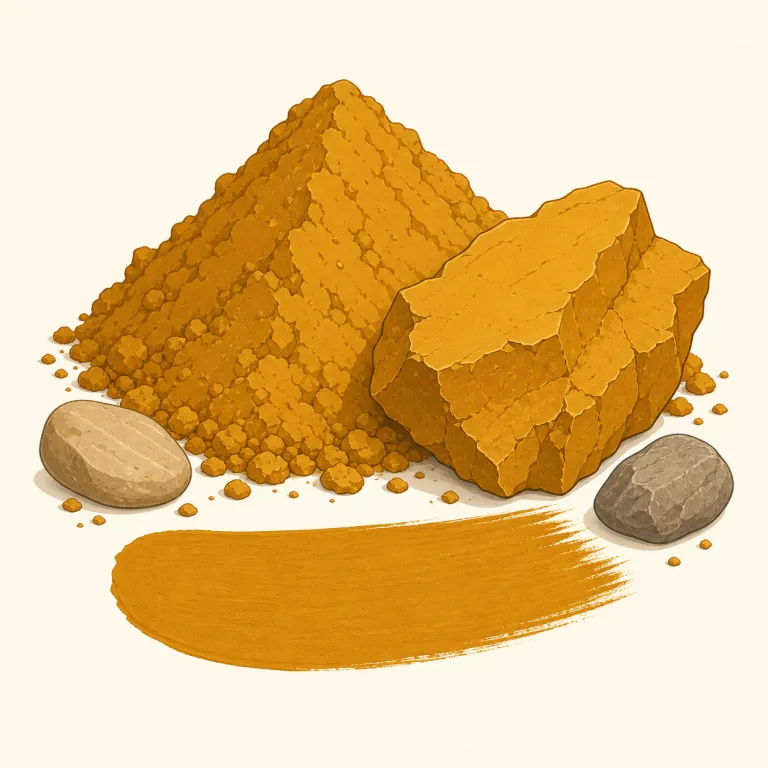 ocher（黄土色・名詞）の覚え方イラスト — 色名として覚えるなら、まず英式つづりの ochre もセットで確認すると定着しやすい