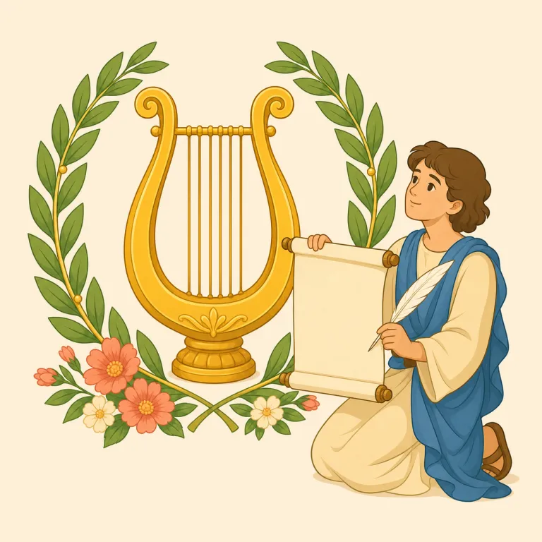 ode（頌歌・名詞）の覚え方イラスト — ode は古代ギリシャ語の「歌」に由来し、誰かや何かを高らかにたたえる詩を表す