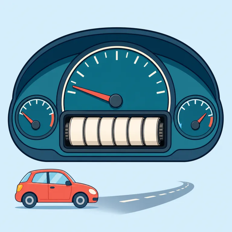 odometer（走行距離計・名詞）の覚え方イラスト — meter が「測る計器」だと分かれば、speedometer（速度計）や thermometer（温度計）と同じ仲間として覚えやすい語です