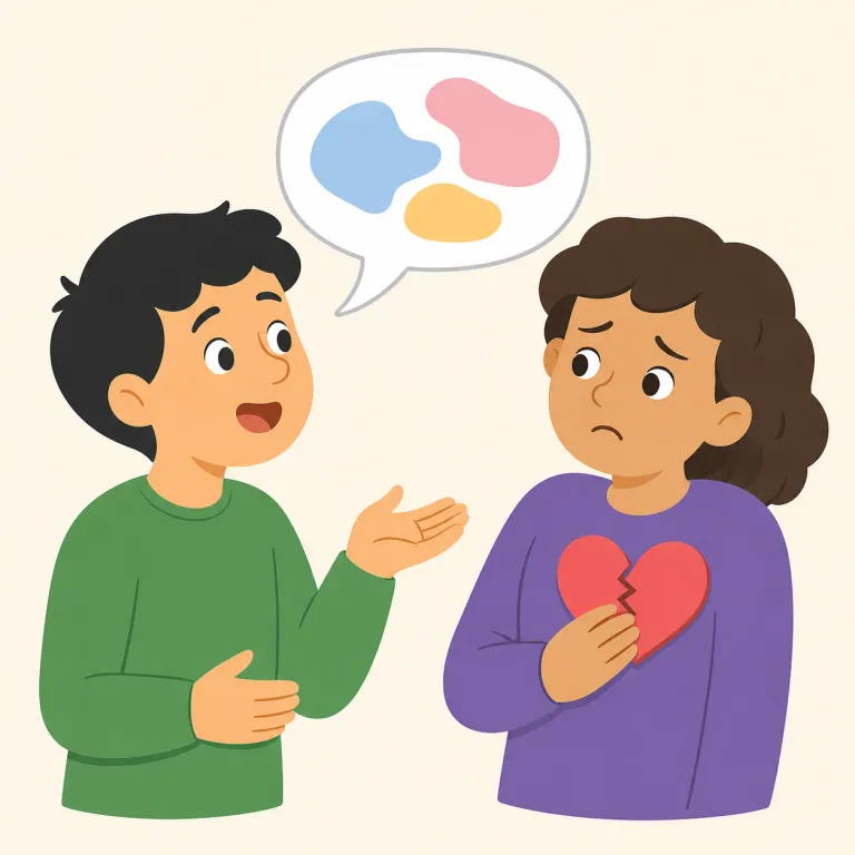 offend（気分を害する・動詞）の覚え方イラスト — この意味の offend は、人の感情に「ぶつかって」不快にさせるイメージで覚えるとよい語です
