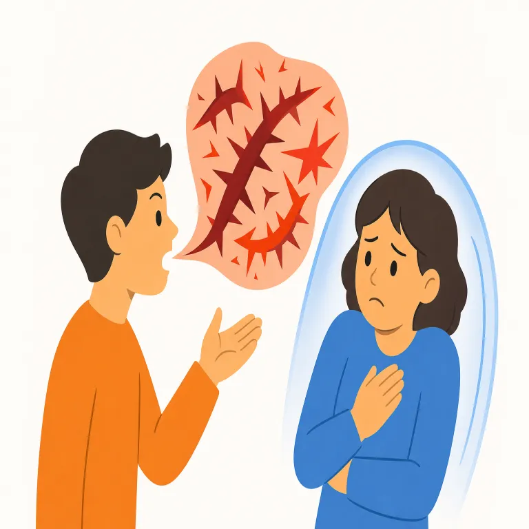 offensiveness（侮辱性・不快感・名詞）の覚え方イラスト — この用法では offensiveness を、単なる「いやな感じ」ではなく、発言・冗談・表現・ステレオタイプなどが人を傷つけたり怒らせたりする性質として覚えます