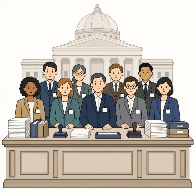 officialdom（官僚機構・名詞）の覚え方イラスト — officialdom は official + -dom で、「公的な人々の領域・世界」という組み立てです