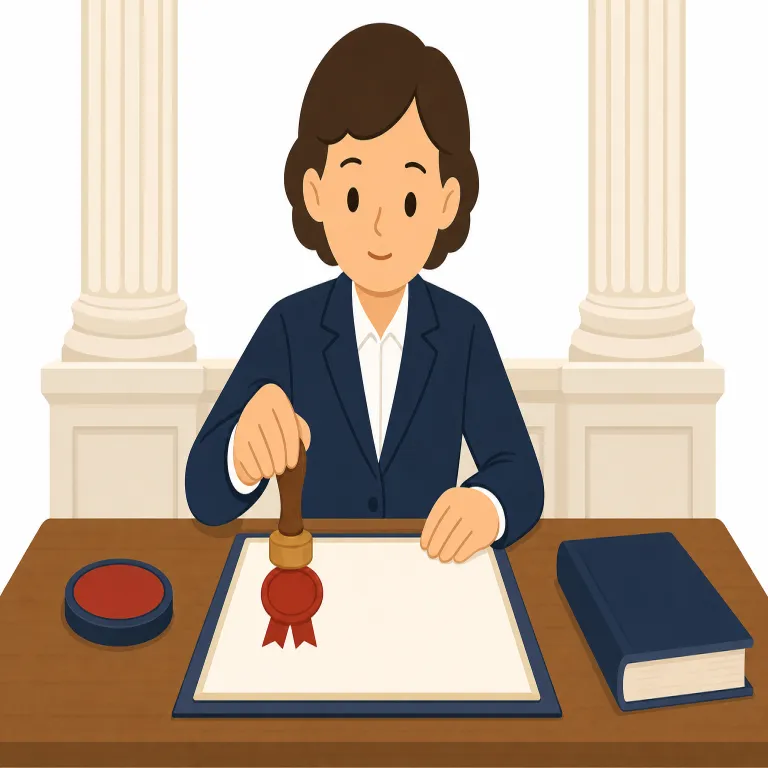 officially（公式に・副詞）の覚え方イラスト — officially は official「公式の、公的な」に副詞の -ly が付いた形です