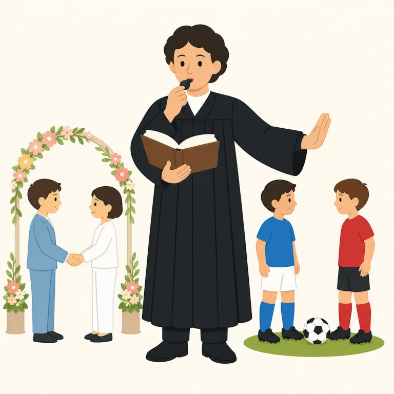 officiate（司式する、審判する・動詞）の覚え方イラスト — 「official（公式の・公的な）」をそのまま手掛かりにすると覚えやすい語