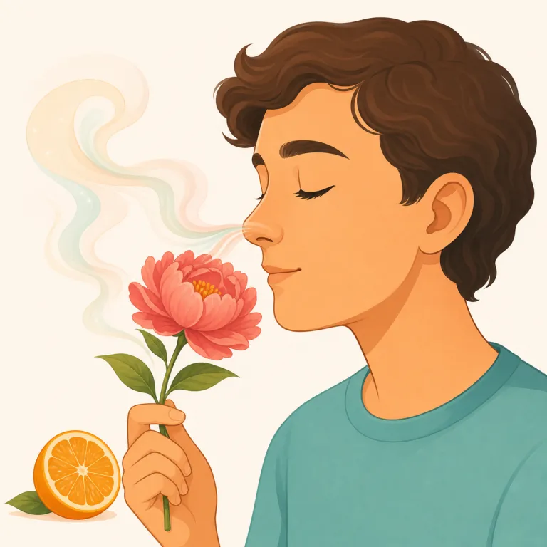 olfaction（嗅覚・名詞）の覚え方イラスト — 日常語の smell よりかなり専門的で、五感を並べる “vision, hearing, touch, taste, olfaction” のセットで覚えると定着しやすいです