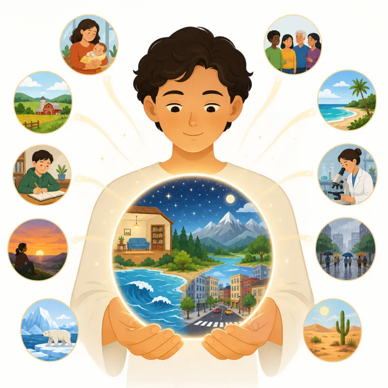 omniscient（全知の・形容詞）の覚え方イラスト — omni- は「すべてに及ぶ」感覚の接頭辞で、omnivore（何でも食べる）や omnidirectional（全方向の）と同じ仲間