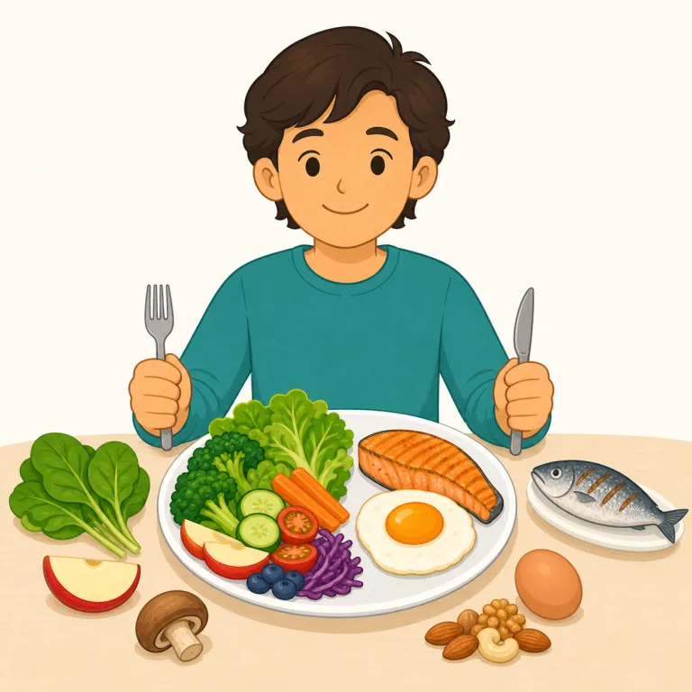 omnivore（雑食動物・名詞）の覚え方イラスト — omni- は「すべて」、-vore は「食べるもの」を表す語根なので、omnivore は食性の分類で「植物も動物も食べる生き物」と覚えるとよいです