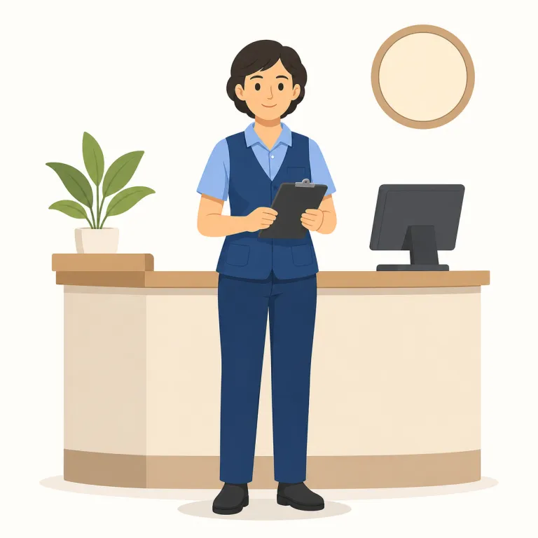 on duty（勤務中・イディオム）の覚え方イラスト — on duty は「勤務中」と覚えます