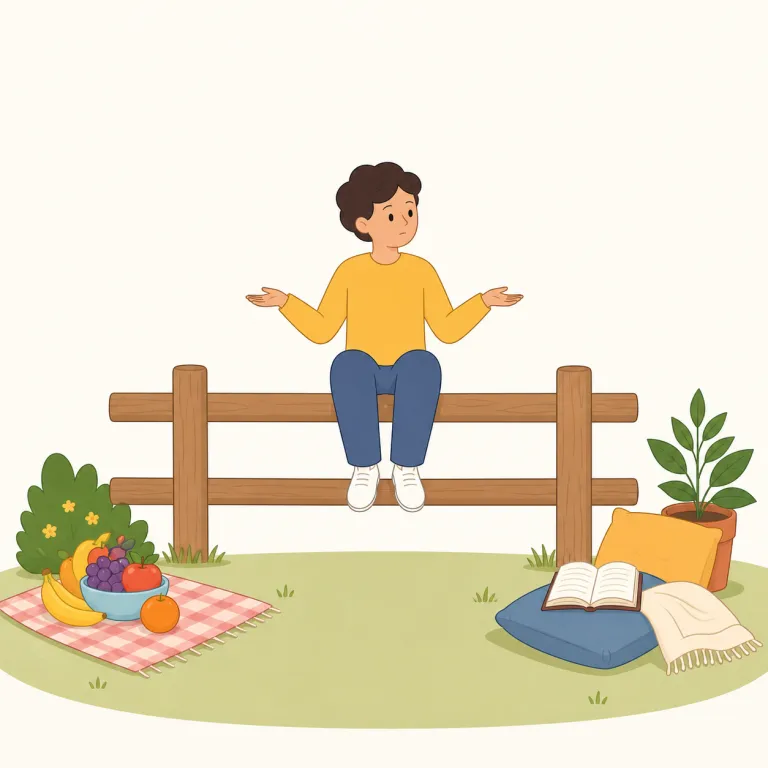 on the fence（決めかねている・イディオム）の覚え方イラスト — “fence” を「左右を分ける境目の柵」として覚えると定着しやすいです