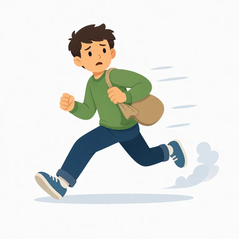 on the run（逃亡中・イディオム）の覚え方イラスト — on the run は、犯人や容疑者が捕まらないように逃げ続けている状態を表します