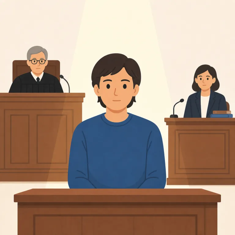 on trial, under trial（試験運用中・イディオム）の覚え方イラスト — trial は「実際に試して判断すること」
