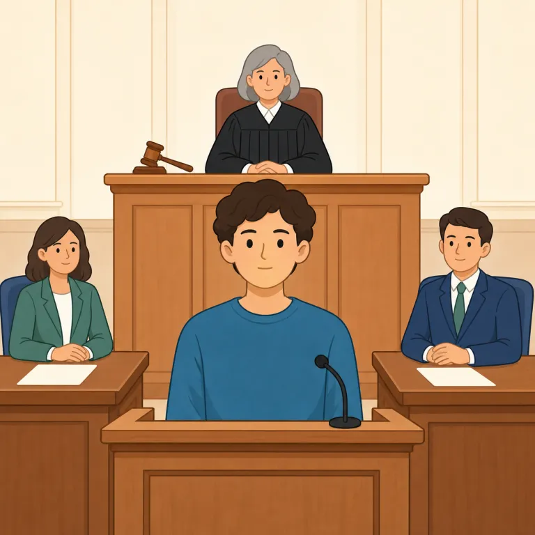 on trial（裁判を受けていて，公判中で・イディオム）の覚え方イラスト — trial は try と同じく「試す・吟味する」感覚を持つ語で、法廷では人や事件が証拠によって“試される”場面を表すと覚えると残りやすいです